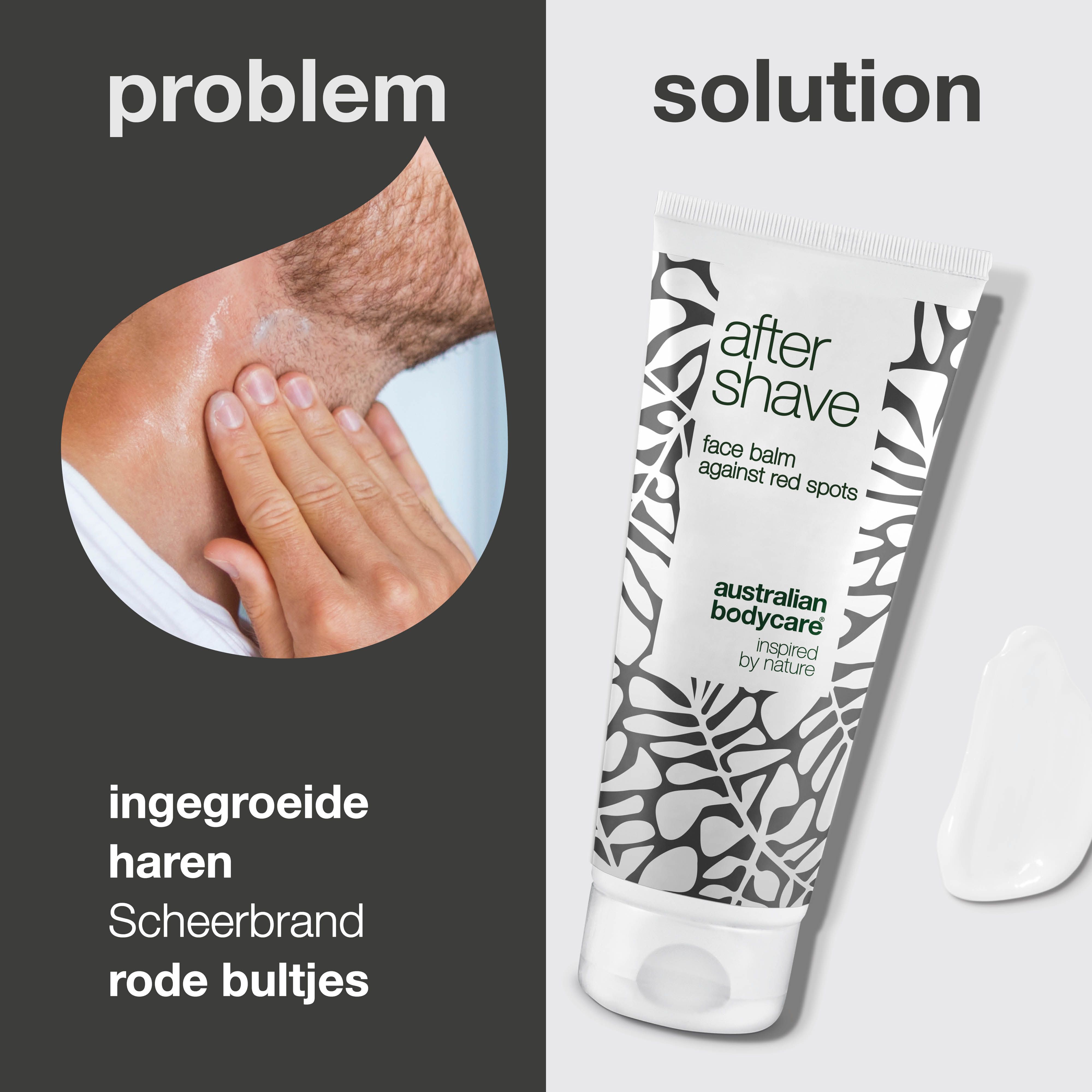Product en druppel. Tekst: After Shave, face balm. Merk: Australian Bodycare. Extra teksten.