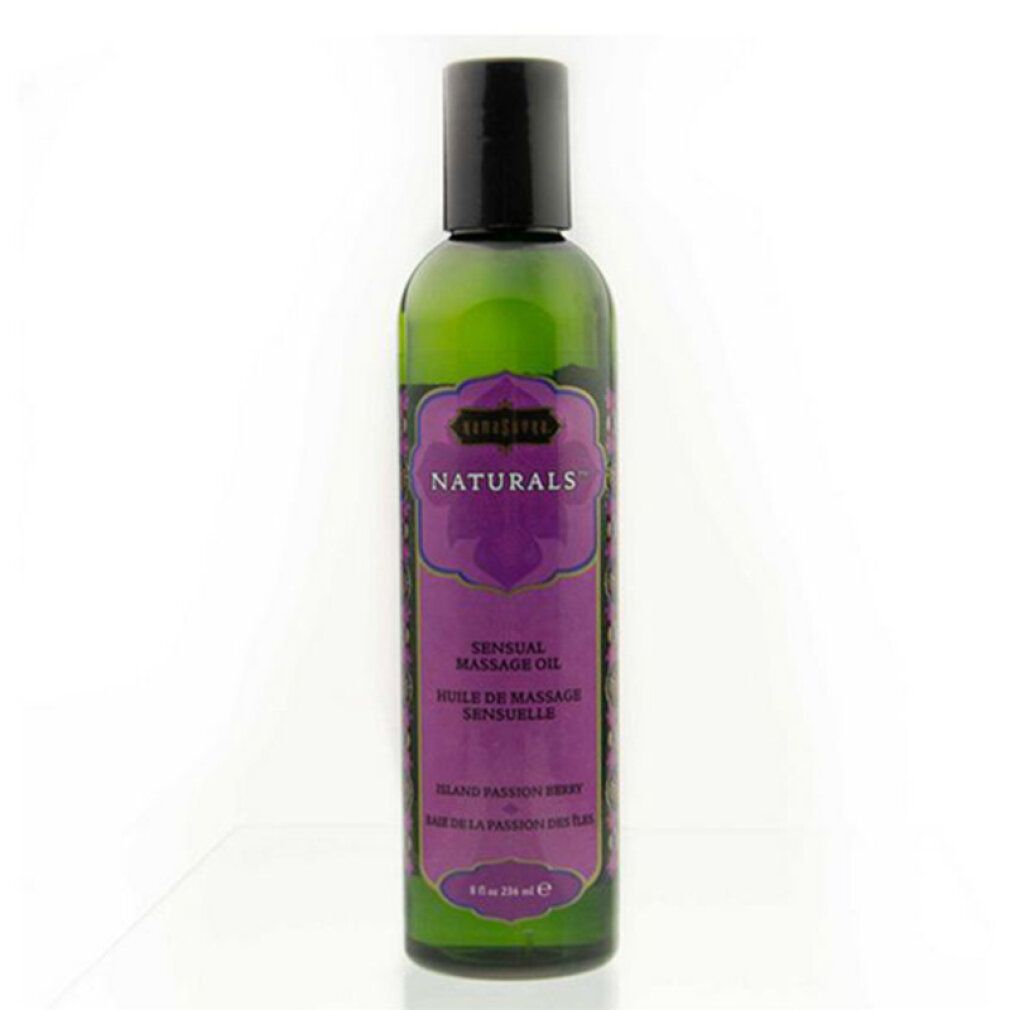 Grüne Flasche mit Kamasutra Naturals Sensual Massageöl, Duft: Island Passion Berry.