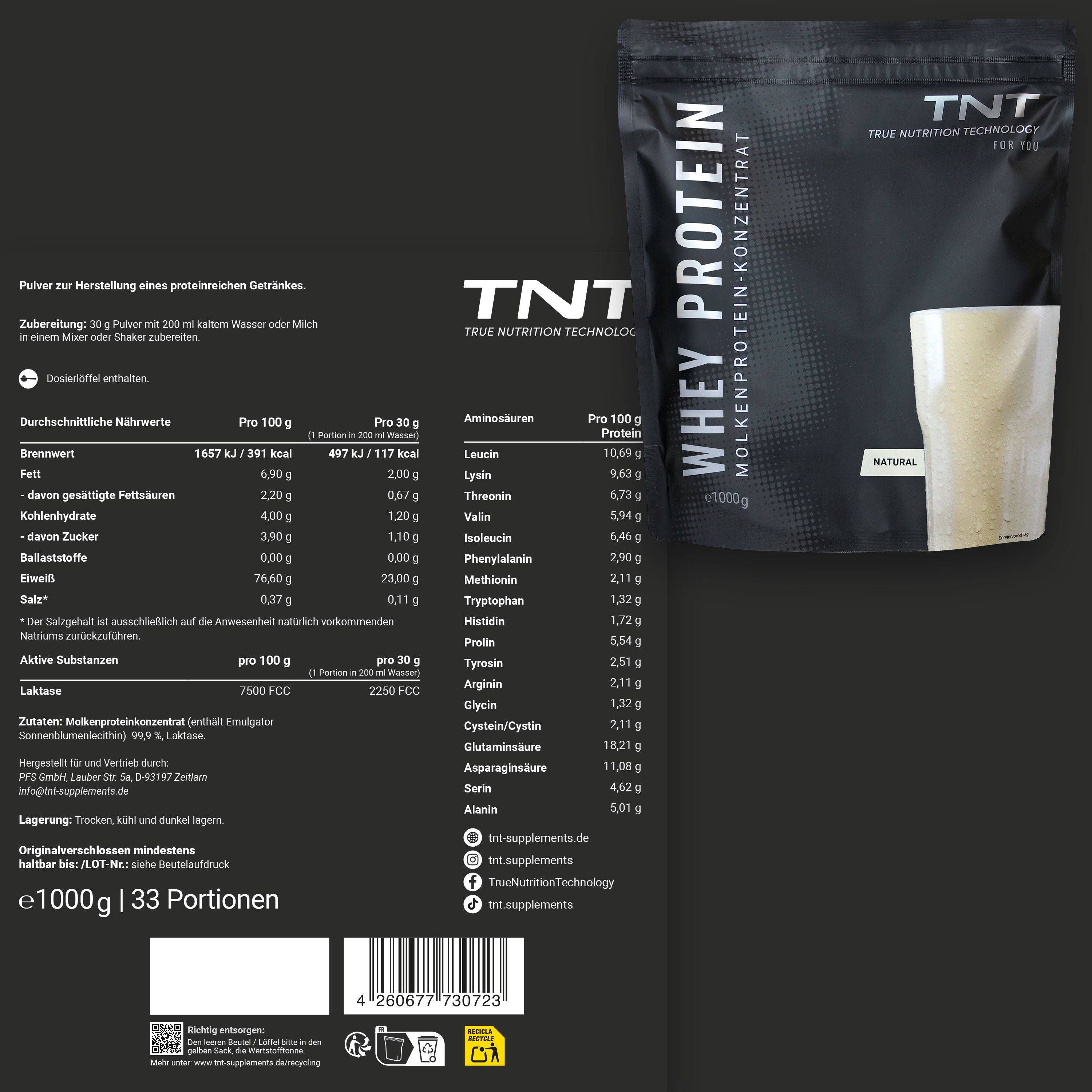 TNT Whey Protein Konzentrat-Beutel und Nährwerttabelle. Aufschrift: WHEY PROTEIN, MOLKENPROTEIN-KONZENTRAT, e1000g. Text: 33 Portionen.