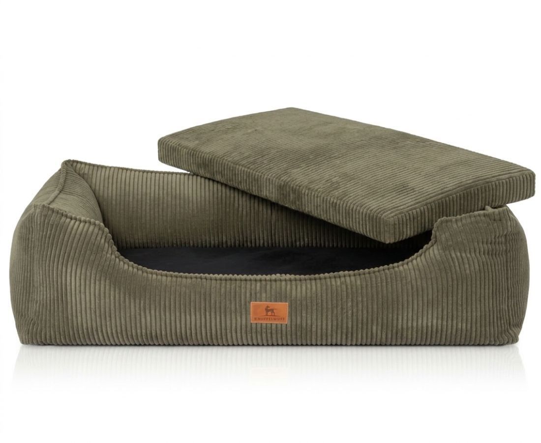 Orthopädisches Hundebett in Khaki-Cord mit abnehmbarem Kissen und niedrigem Einstieg.