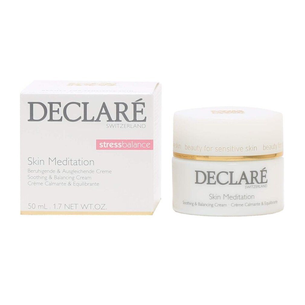 Weißes Creme-Glas mit goldfarbenem Rand. Aufschrift: DECLARÉ, Skin Meditation Cream. Text: Soothing & Balancing Cream.