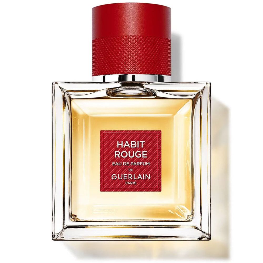 Quadratischer Glasflakon mit rotem Verschluss. Rotes Etikett mit "HABIT ROUGE Eau de Parfum" und "GUERLAIN PARIS".