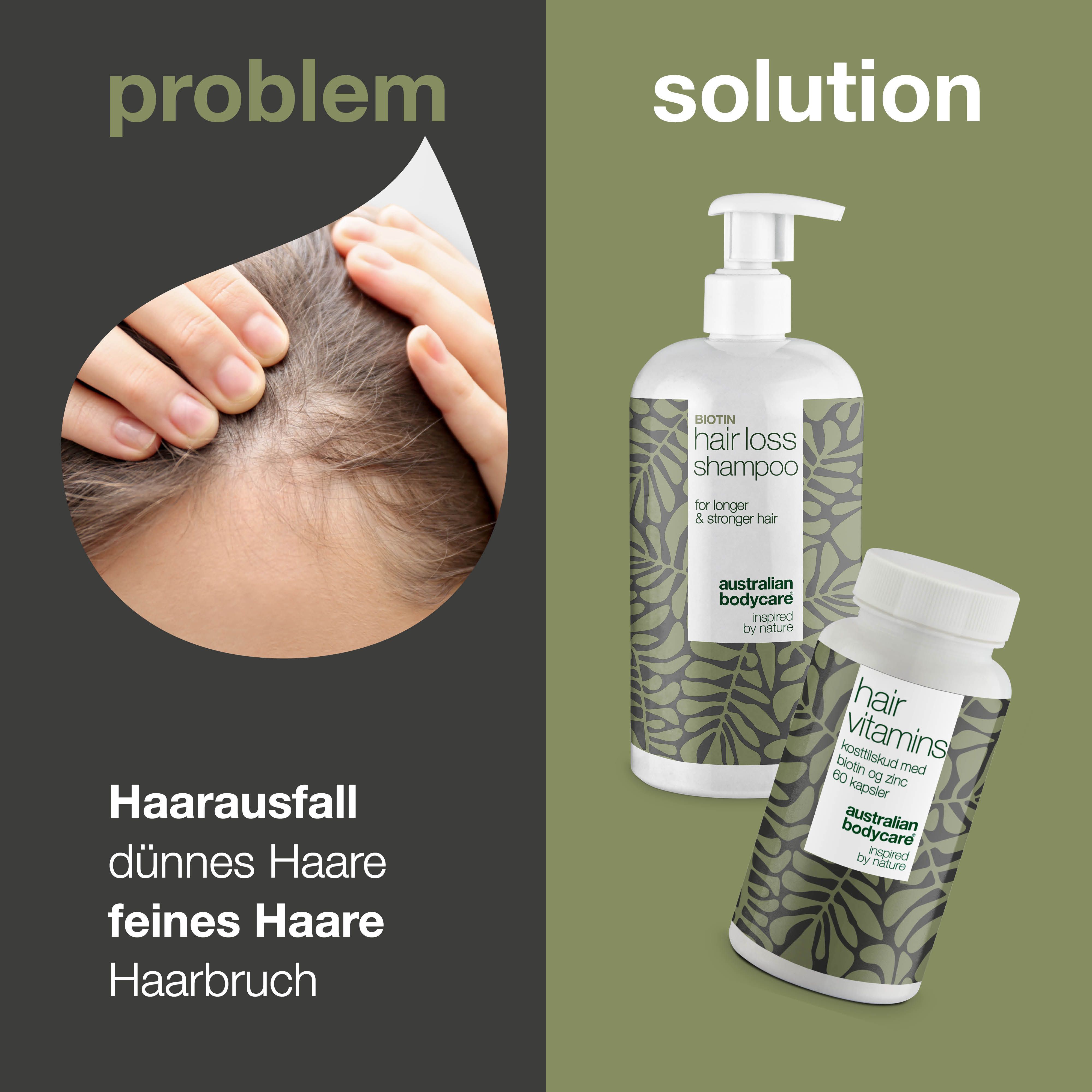 Haarausfall-Problem und Lösung. Shampoo- und Vitamin-Flaschen. Text: Hair Loss Shampoo, Hair Vitamins. Marke: Australian Bodycare.
