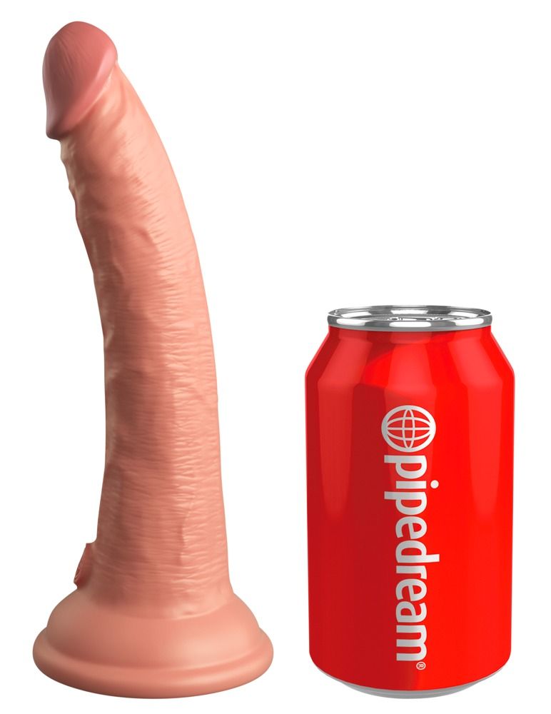 Gebogener Dildo aus Silikon. Rosa. Neben roter Dose mit Logo.