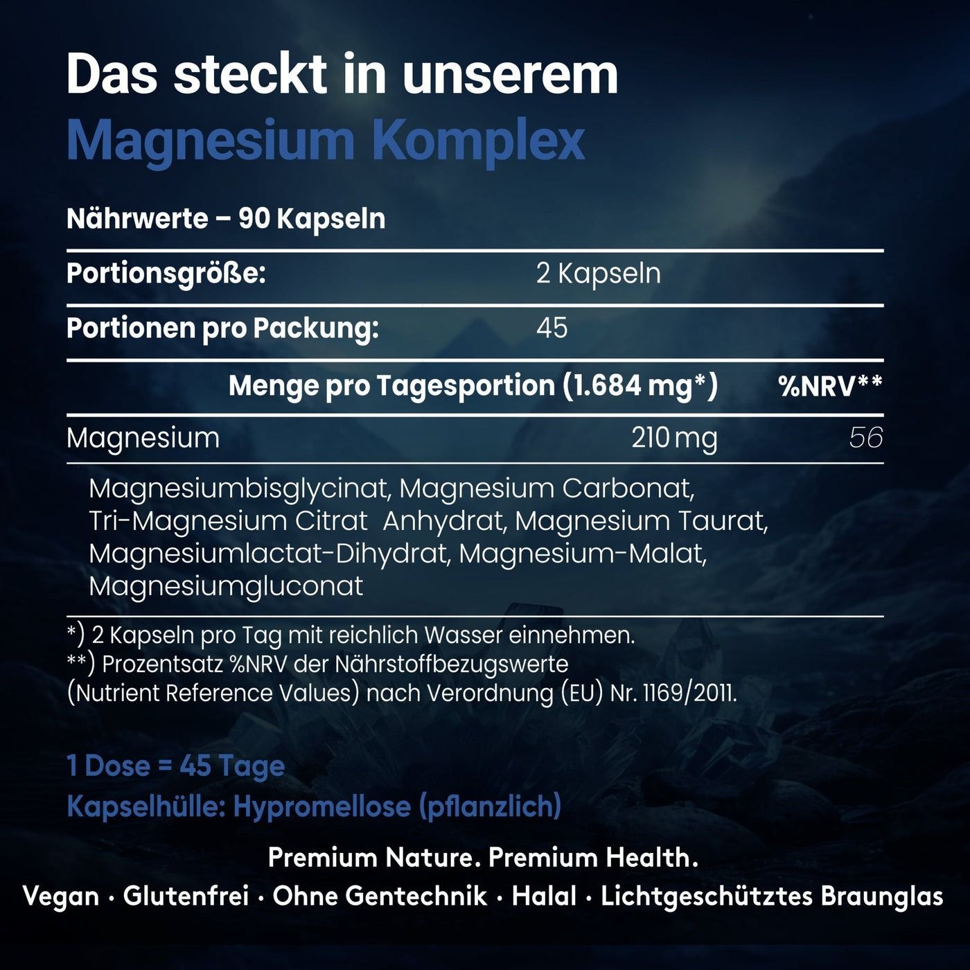 Nährwertangaben für Doktor Health Magnesium Komplex. 90 Kapseln. 2 Kapseln pro Portion. 210mg Magnesium. Vegan, glutenfrei, ohne Gentechnik.