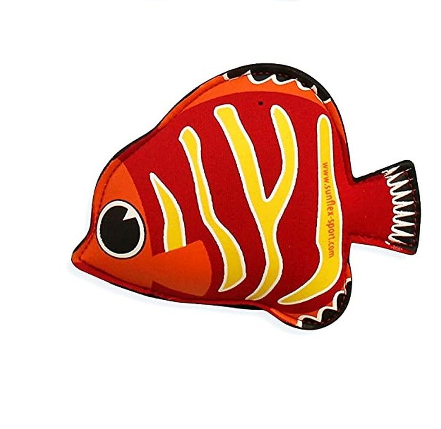 Roter Fisch mit gelben Streifen und Augen. Logo www.sunflex-sport.com. Schwarze Umrandung.
