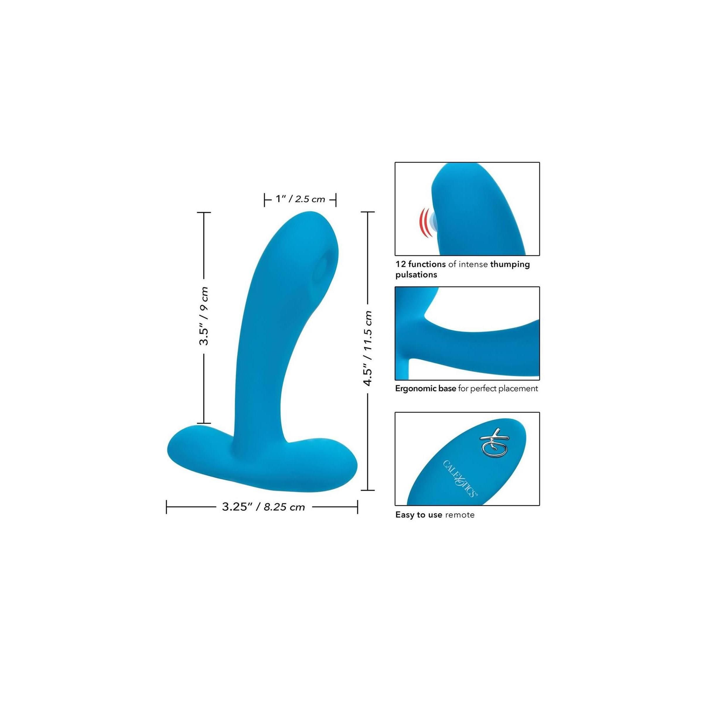 Blauer Silikon-Pleaser. Maße: 9 cm hoch, 8,25 cm breit. Mit 12 Funktionen, ergonomischer Basis und Fernbedienung.
