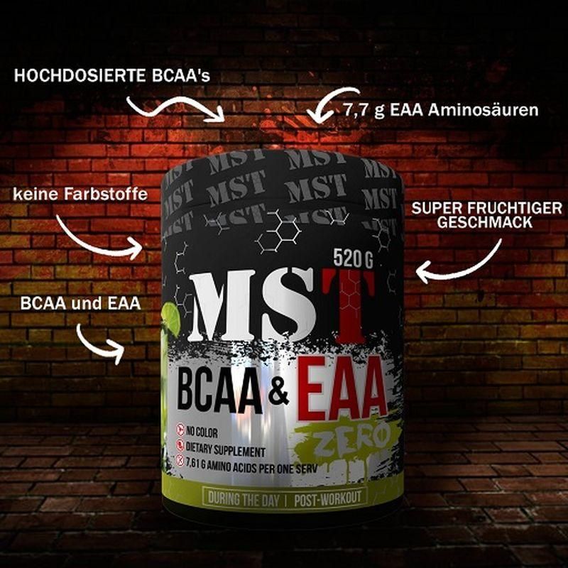 Dose MST BCAA & EAA Zero vor Ziegelmauer. 520g. Keine Farbstoffe. 7,7g EAA Aminosäuren. Super fruchtiger Geschmack.