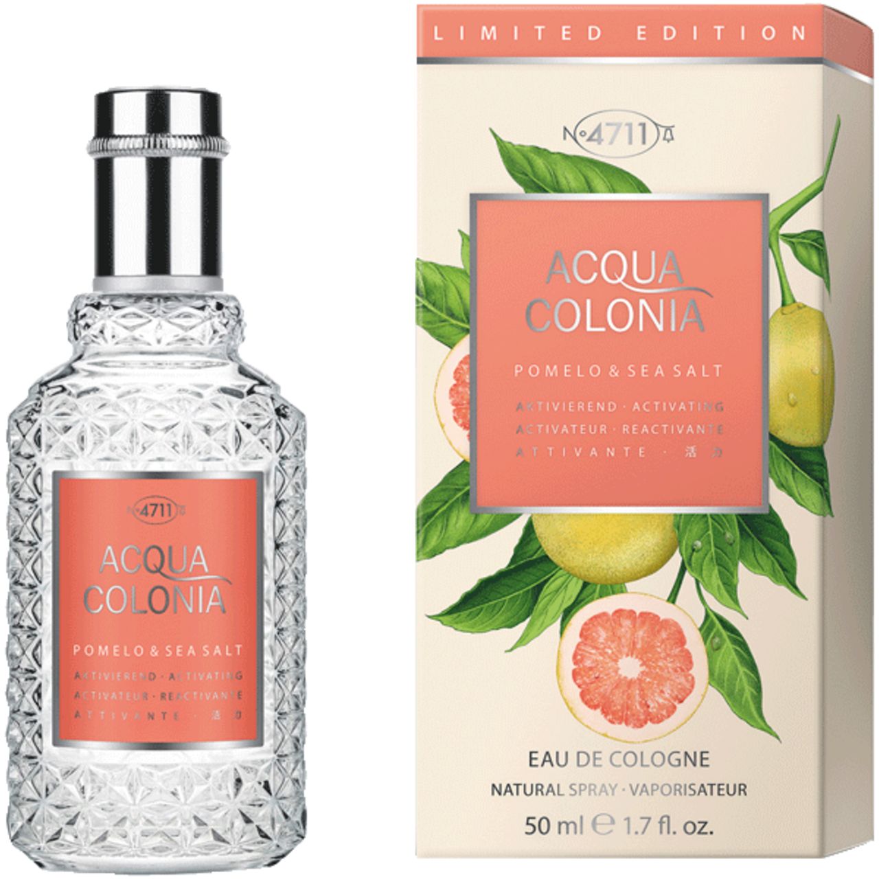 Flakon und Verpackung nebeneinander. Flakon: klar, silberner Verschluss, Text. Verpackung: Illustrationen, Text: Acqua Colonia.