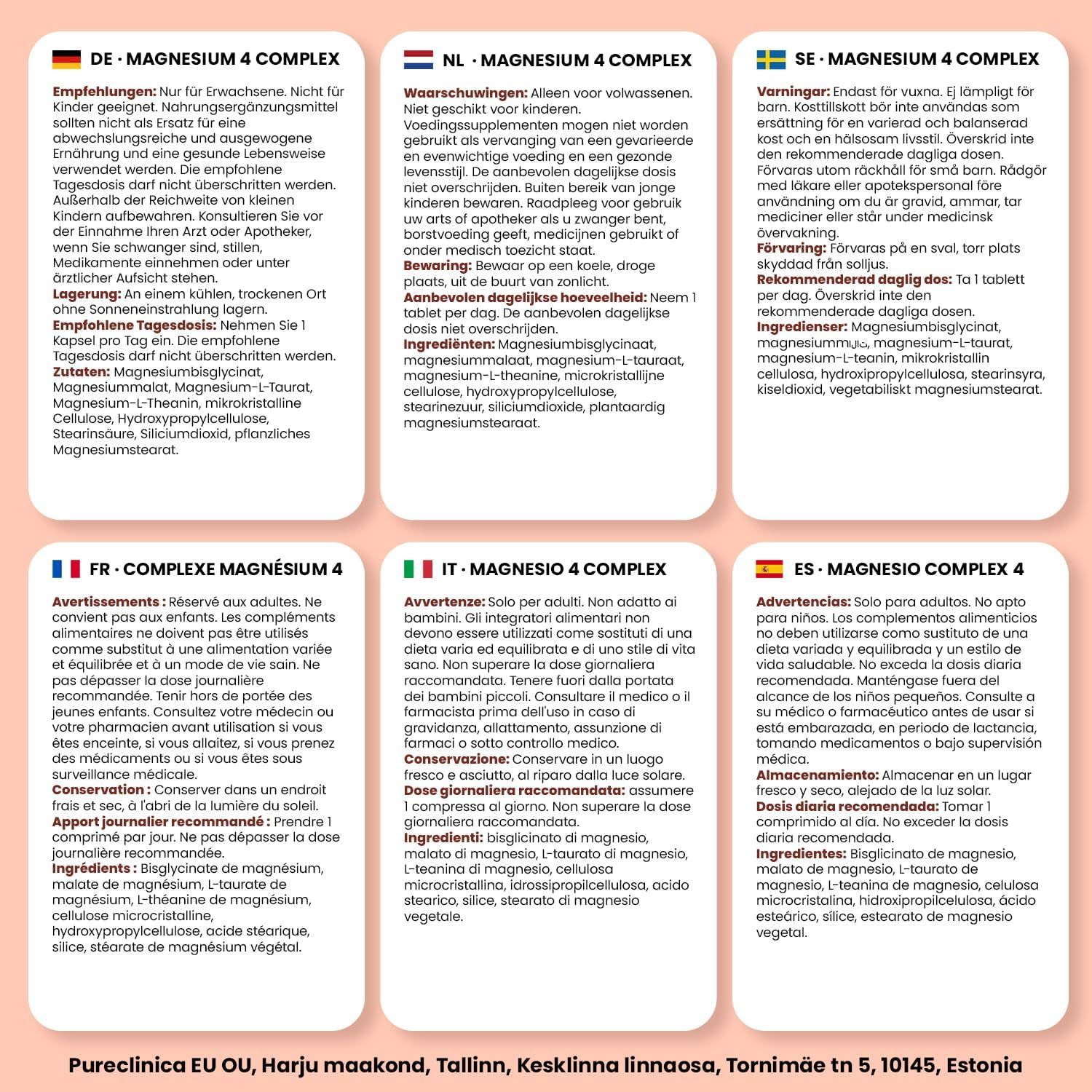 Sechs Textfelder mit Informationen zu Magnesium. Enthält Informationen zu Inhaltsstoffen und Dosierung. Produktname nicht sichtbar.