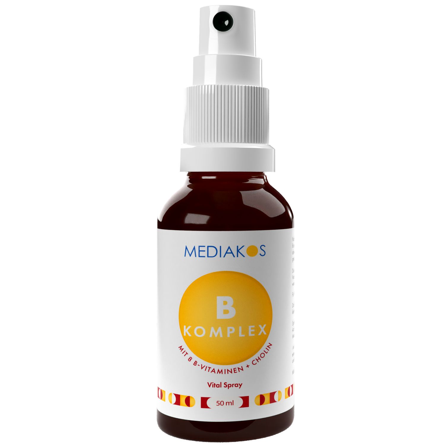 Braune Glasflasche mit weißem Sprühkopf und Etikett. Aufschrift: B Komplex Vital Spray. Gelber Kreis mit B Komplex.