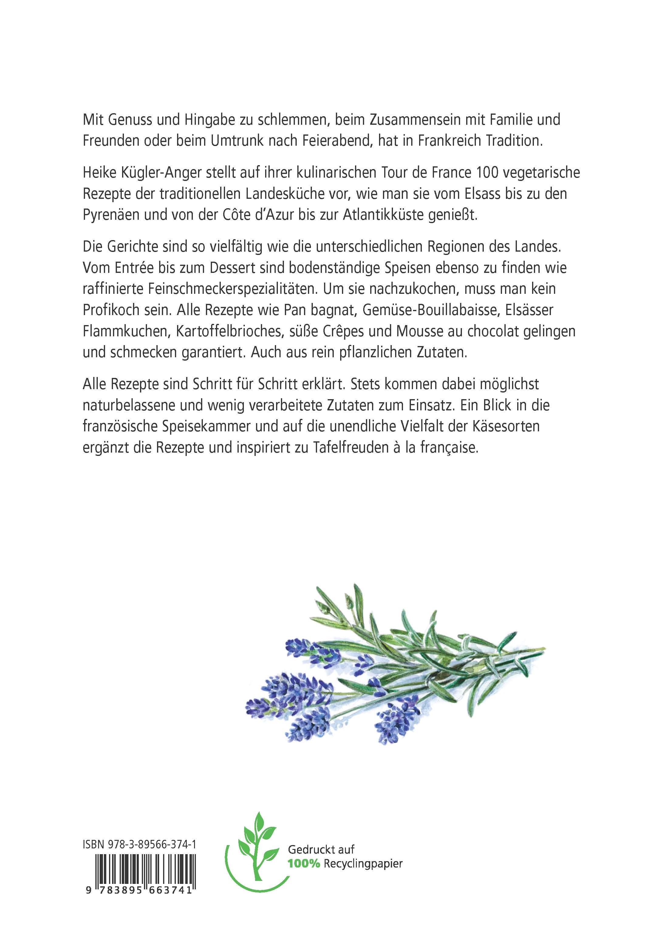 Rückseite des Buches "Französisch vegetarisch" mit Text und ISBN-Code. Illustration von Lavendelzweigen.