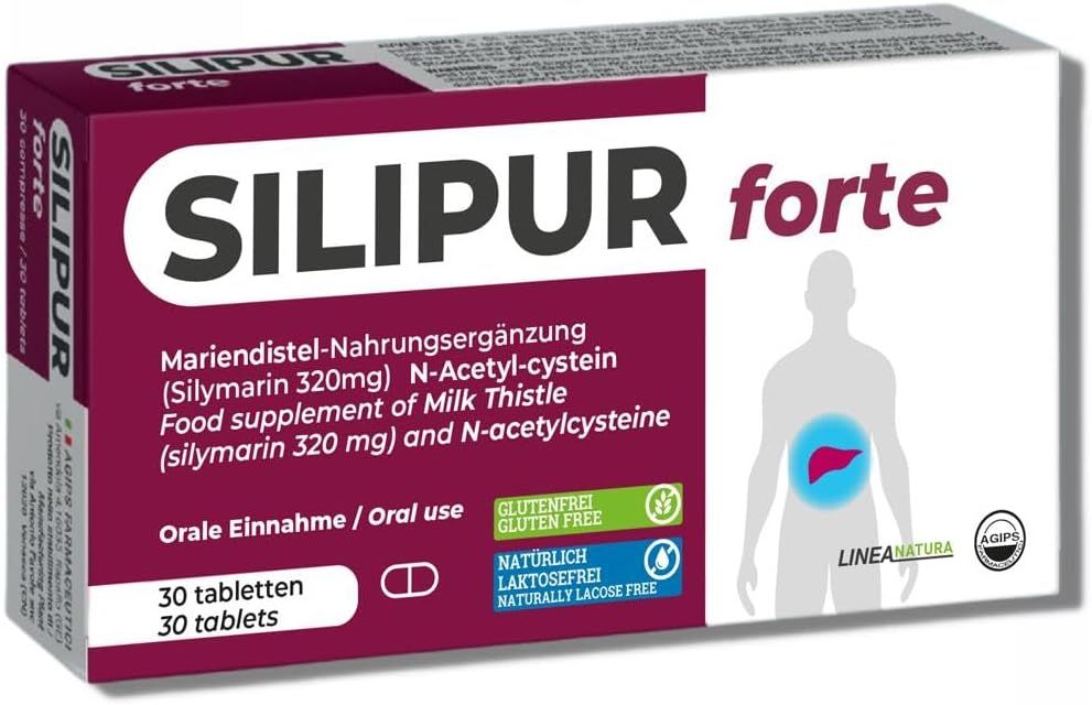 Packung Silipur forte Tabletten. Text: Mariendistel-Nahrungsergänzung, N-Acetylcystein. 30 Tabletten. Glutenfrei, laktosefrei. Leber-Symbol.