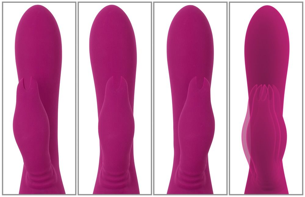 Vier Bilder zeigen die Bewegung des Kaninchenohrs eines lila Vibrators.