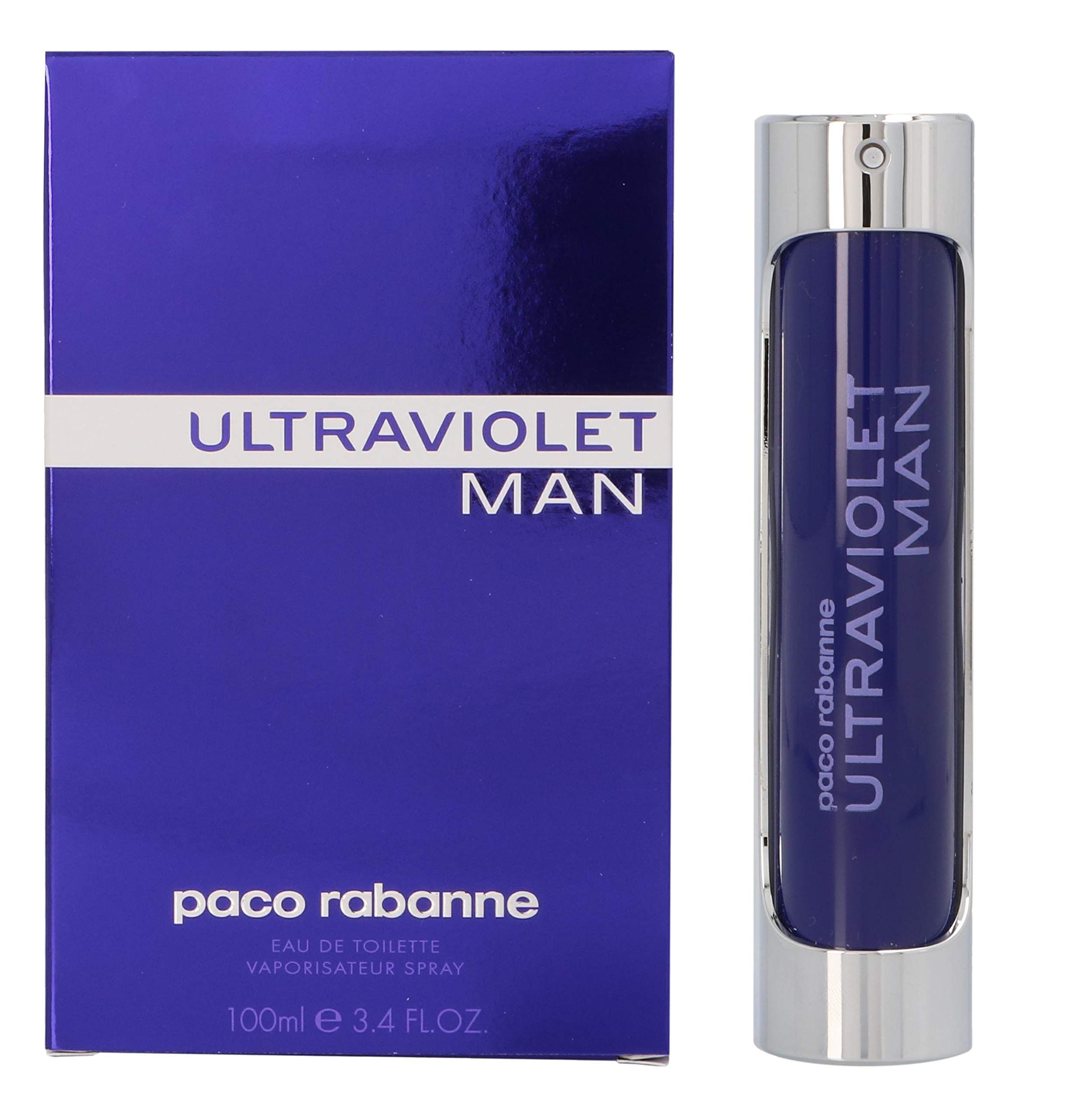 Blaue Verpackung und Flakon. Flakon: ULTRAVIOLET MAN, paco rabanne. Silberner Verschluss. Eau de Toilette.