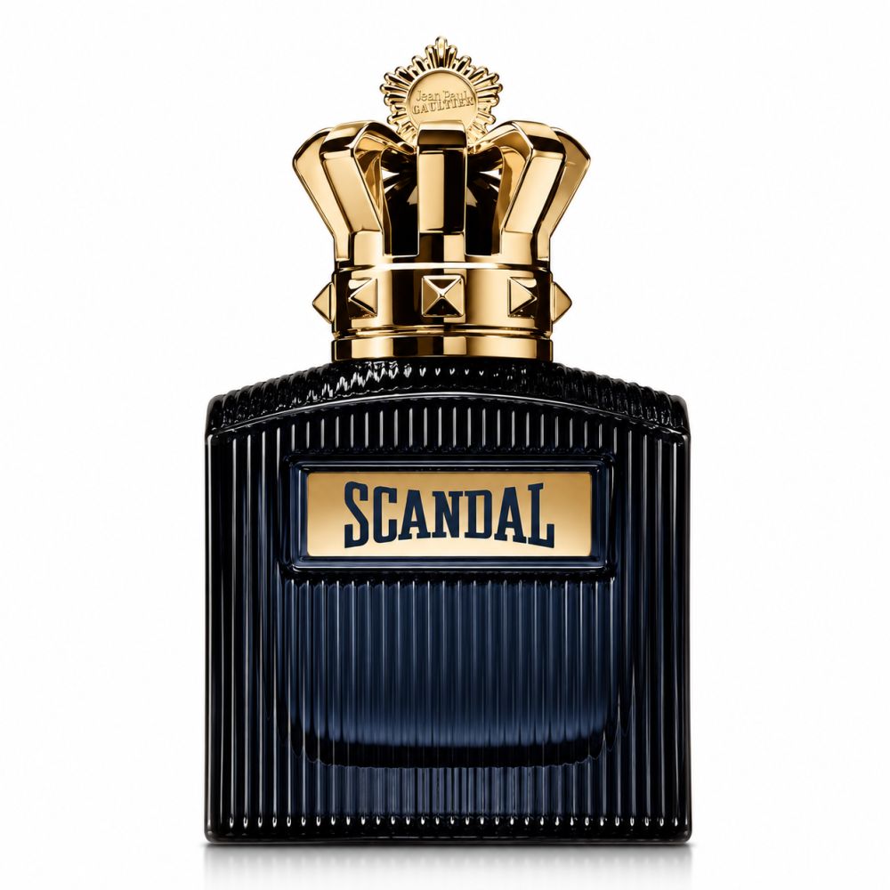 Dunkelblauer Flakon mit goldener Krone und "SCANDAL"-Aufschrift.