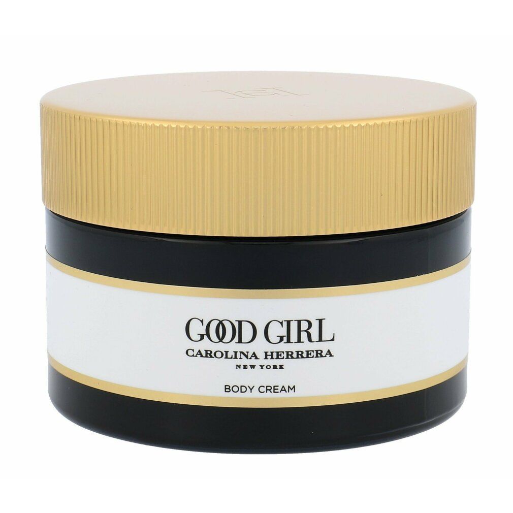Dunkelblaue Creme-Dose mit goldenem Deckel. Aufschrift: Good Girl, Carolina Herrera, Body Cream.