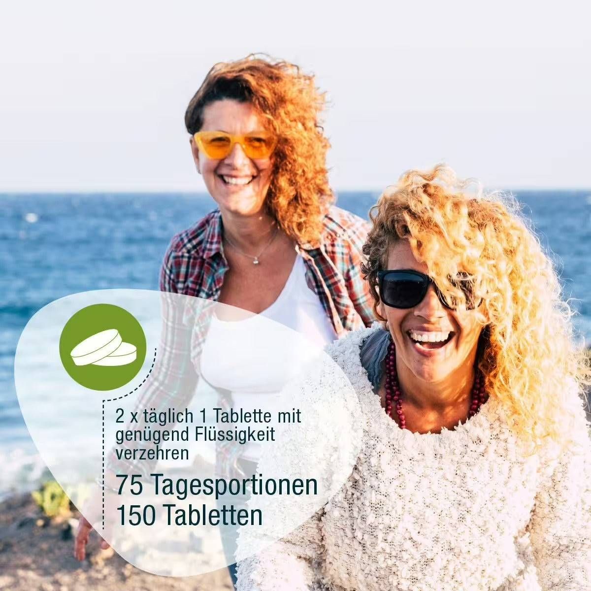 Zwei Frauen lächeln. Text: 2 x täglich 1 Tablette mit genügend Flüssigkeit verzehren. 75 Tagesportionen, 150 Tabletten.
