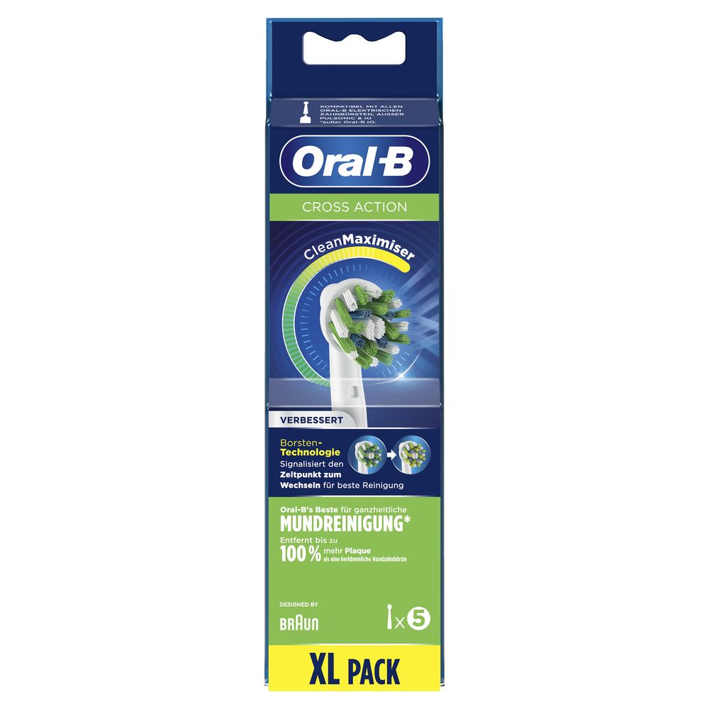 Verpackung mit Produktnamen und Logo, zeigt Zahnbürstenkopf mit grünen und weißen Borsten.