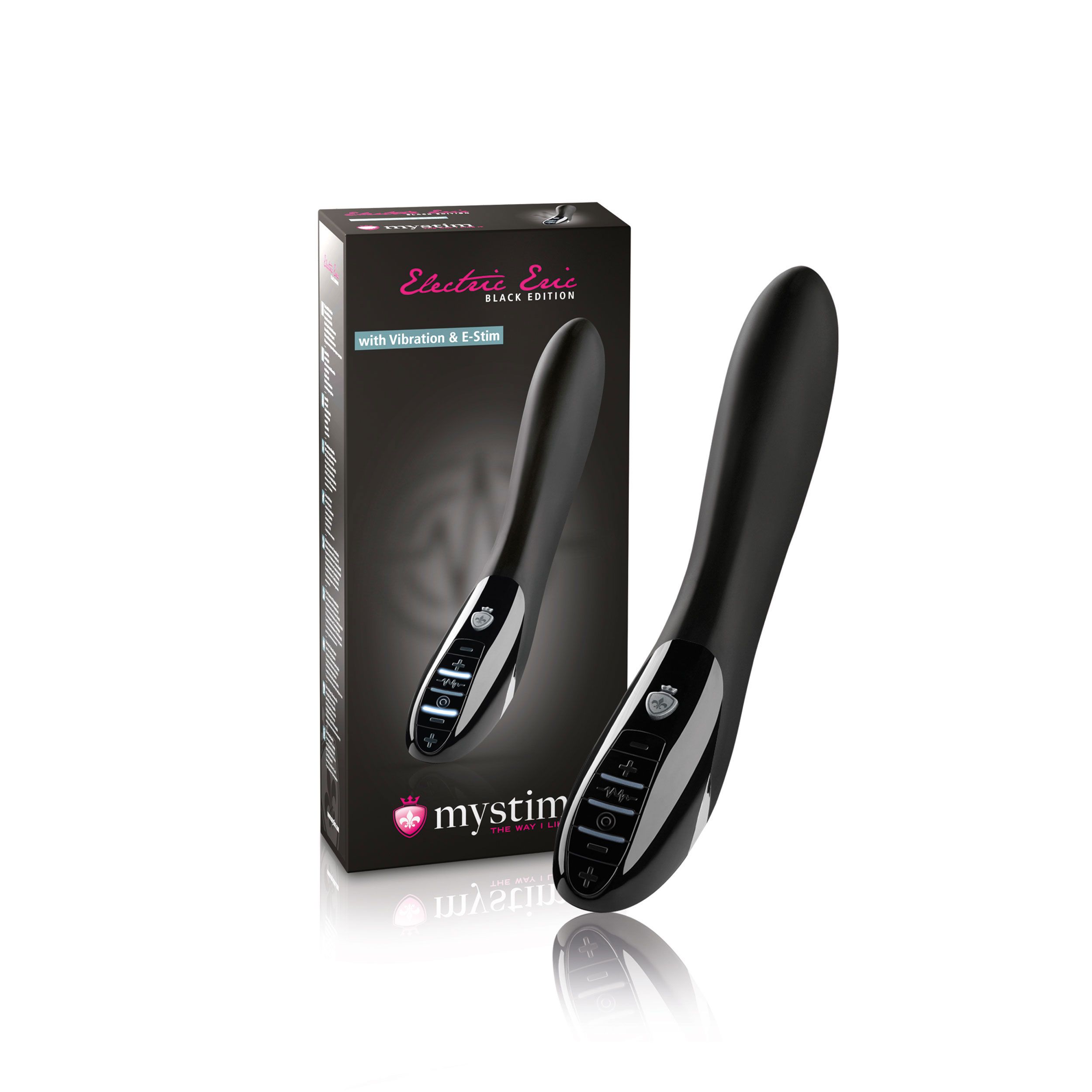 Schwarzes Wellness-Produkt in Verpackung. Aufschrift: Electric Eric Black Edition. Mit Vibration & E-Stim. Marke: mystim.