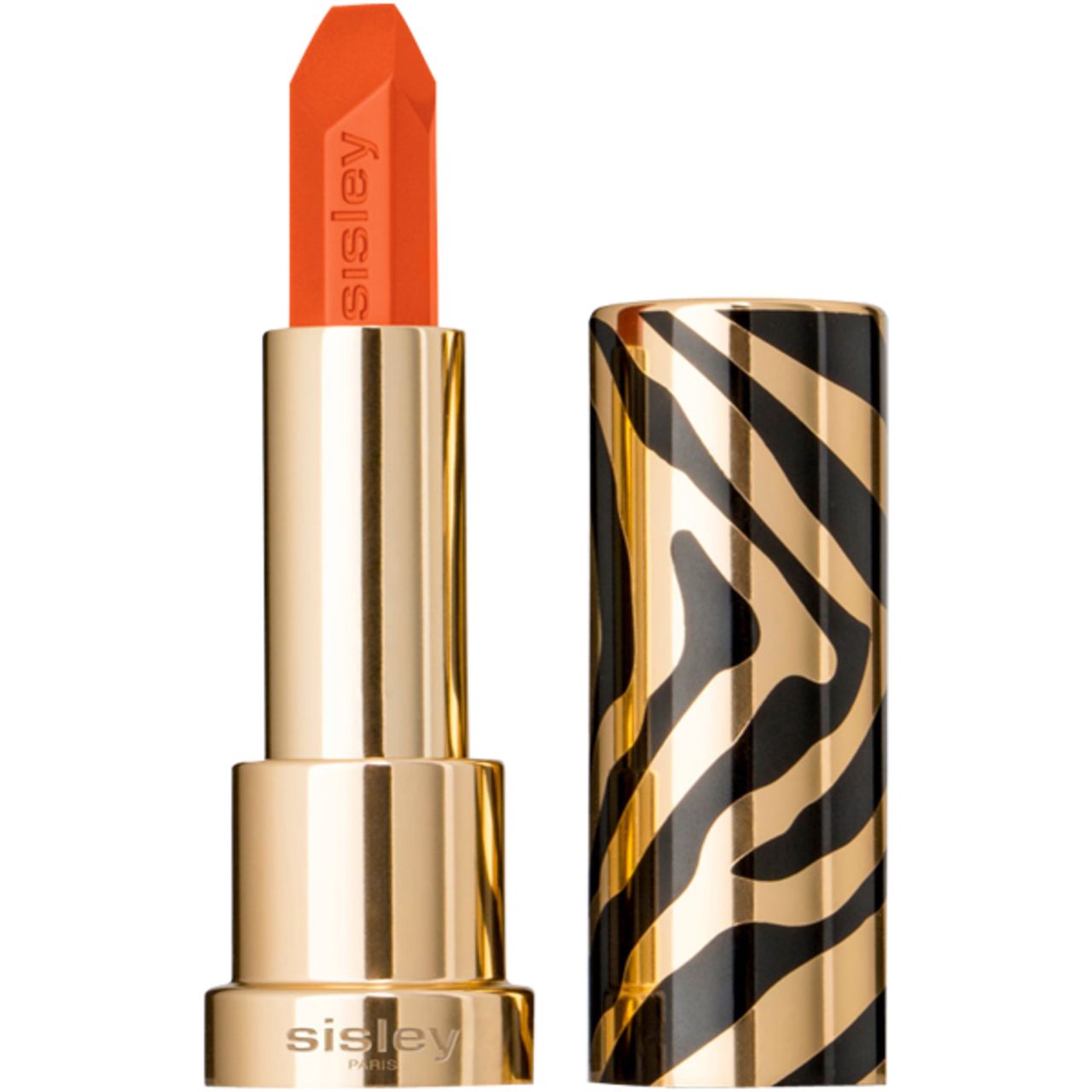 Lippenstift mit orangefarbener Spitze. Goldfarbene Hülse mit Zebra-Muster. Marke Sisley.