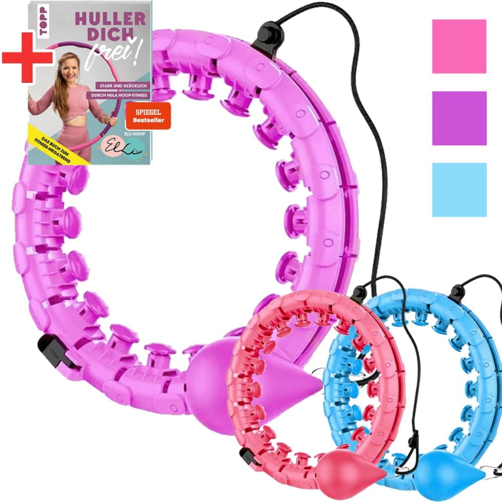 Hula-Hoop-Maschine Lila, pink und blau. Buch mit Titel 'Huller dich frei!' und farbige Quadrate.