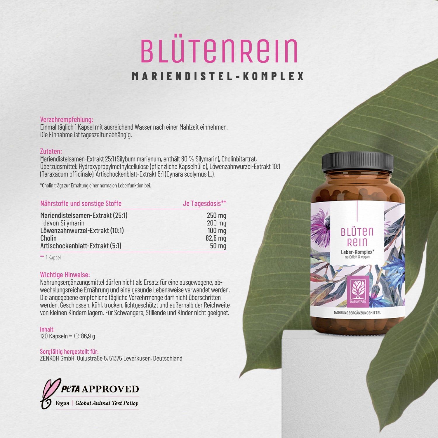 Komplex mit Mariendistel (Silymarin), Artischocke, Löwenzahn und Cholin - Blütenrein - NATURTREU®