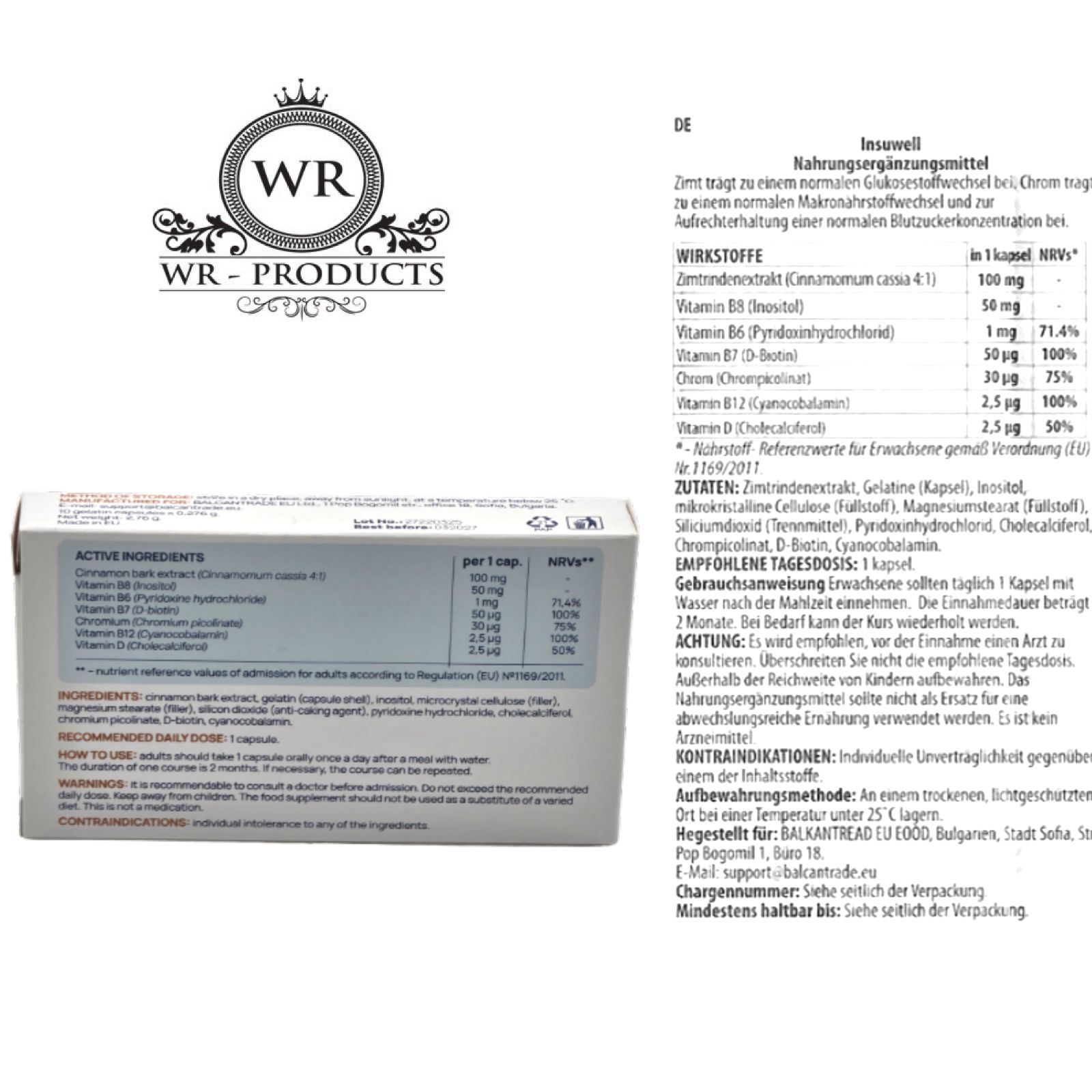 Produktverpackung mit Text. Enthält Informationen zu Inhaltsstoffen, Dosierung und Warnhinweisen. Marke: WR-PRODUCTS.