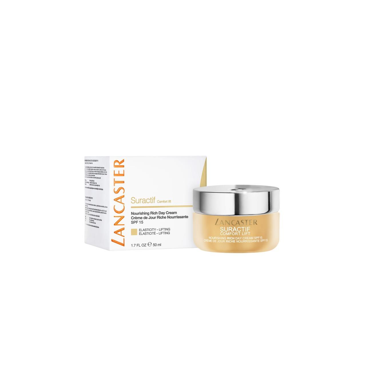 Creme-Tiegel und Verpackung. Aufschrift: Lancaster, Suractif Comfort Lift, Nourishing Rich Day Cream SPF15, 1.7 FL.OZ. 50 ml.