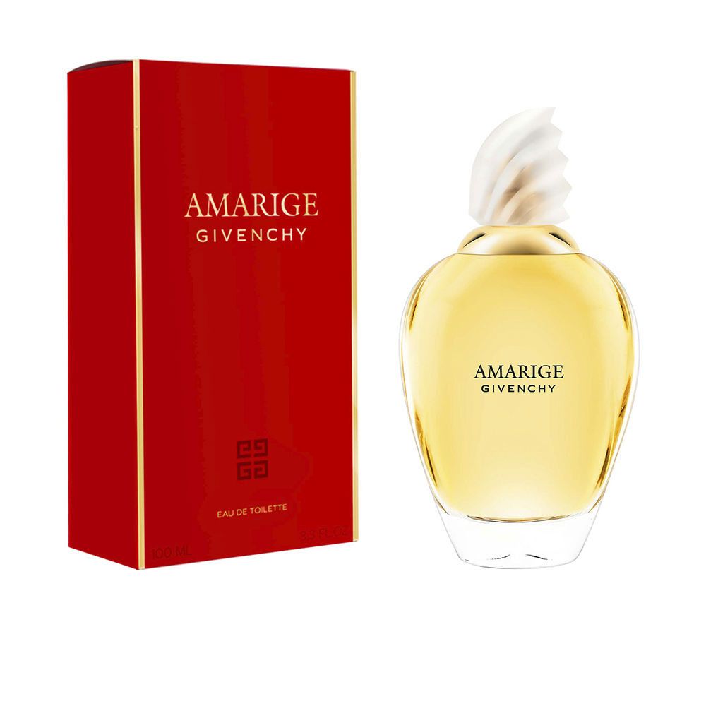 Parfümflakon neben roter Verpackung. Flakon mit gelber Flüssigkeit. Schriftzug AMARIGE und GIVENCHY.
