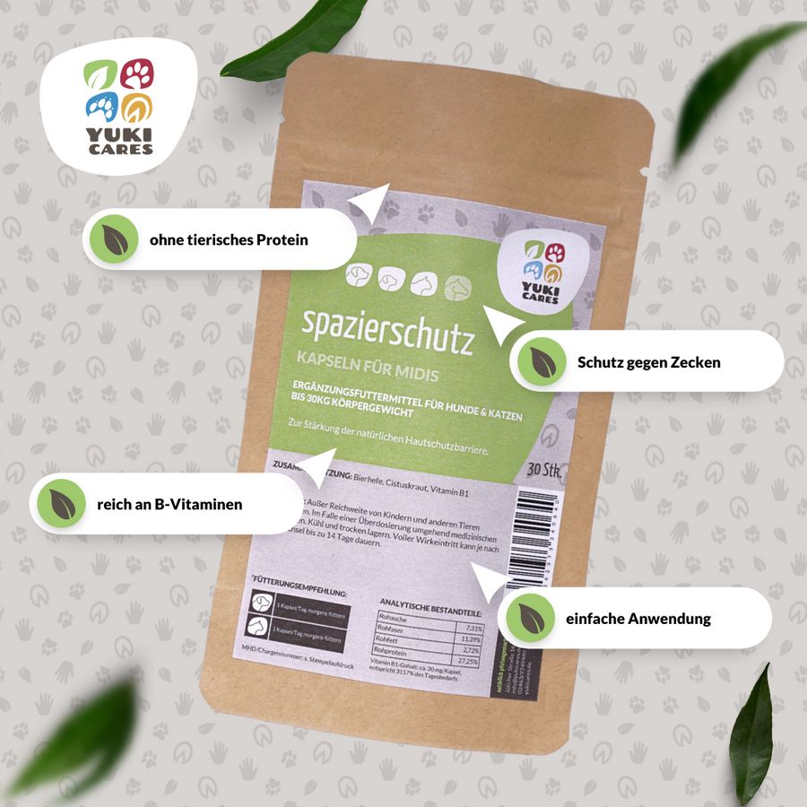 Yuki Cares Spazierschutz Kapseln. Braune Verpackung mit grünen Akzenten. Text: Schutz gegen Zecken, ohne tierisches Protein, reich an B-Vitaminen.