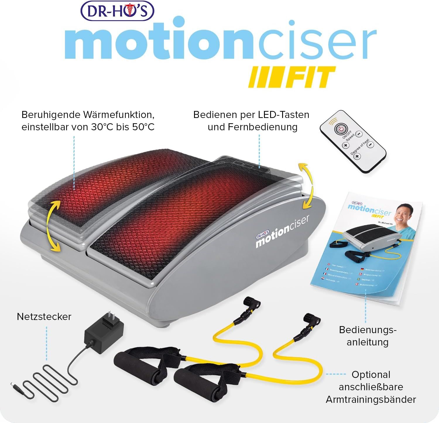 Graues Fußmassagegerät. Bedienfeld, Fernbedienung, Netzstecker, Armtrainingsbänder. Bedienungsanleitung.