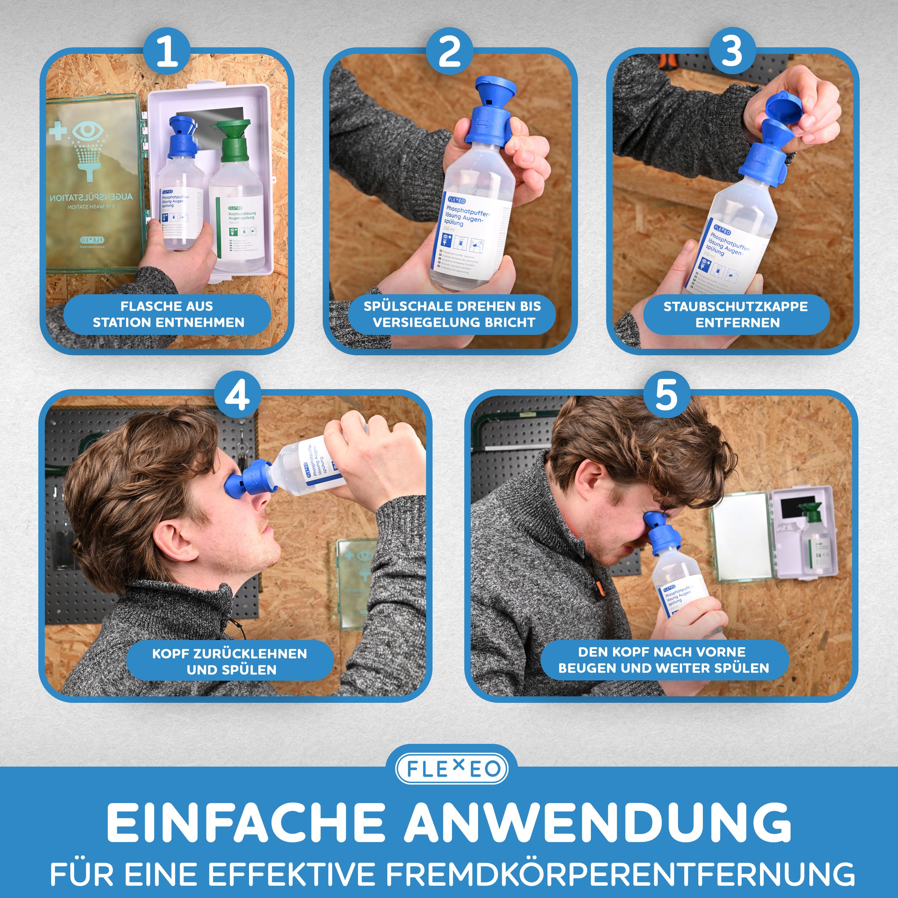 FLEXEO Augenspülflasche. Weiße Flasche mit blauem Aufsatz. Anwendungsschritte: Flasche entnehmen, drehen, Kappe entfernen, spülen.