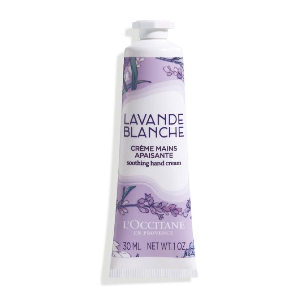 Weisse Lavendel Handcreme Tube. Text: Lavande Blanche, Crème Mains Apaisante, L'Occitane. 30 ml.
