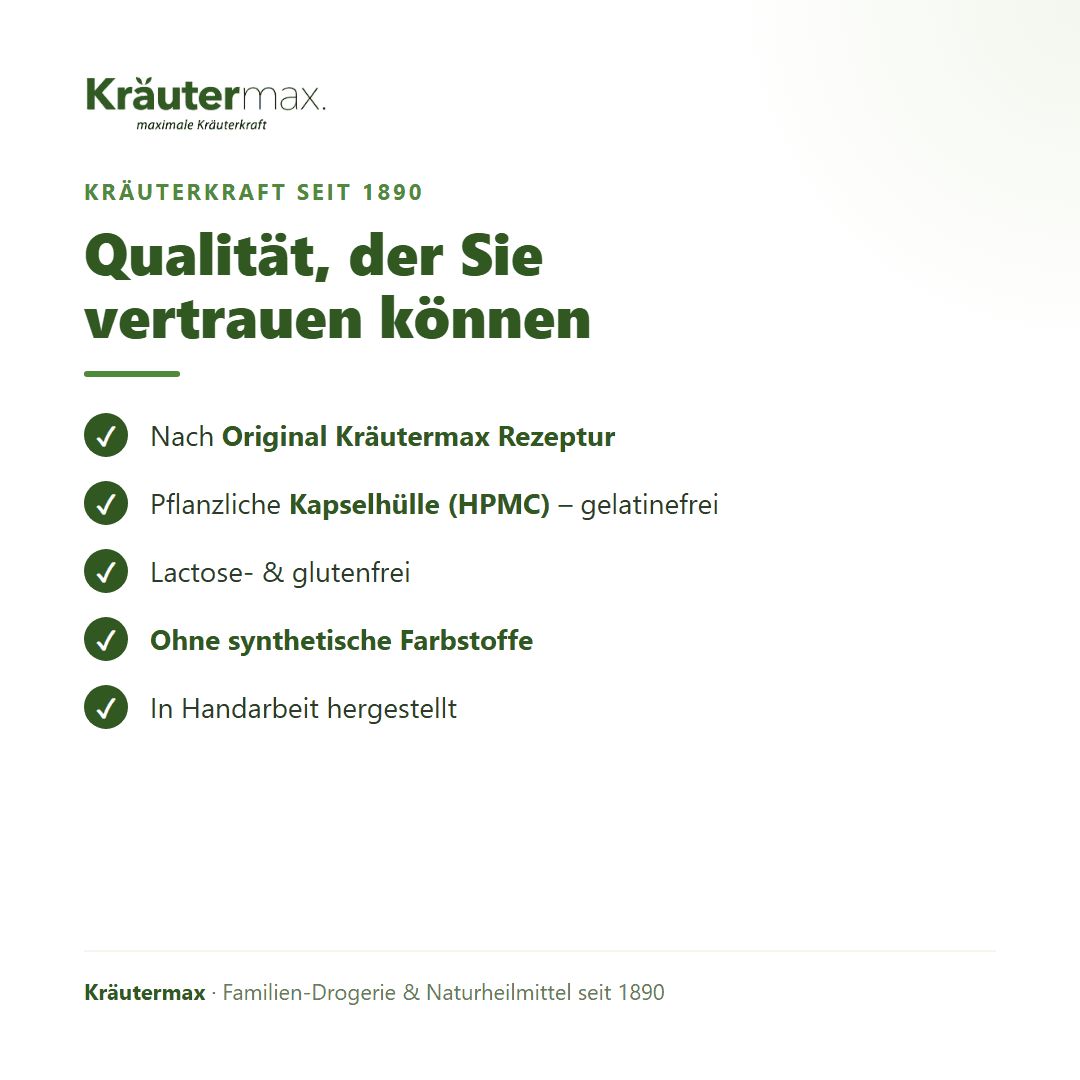 Qualitätsmerkmale: Nach Originalrezeptur, pflanzliche Kapselhülle, lactosefrei, ohne Farbstoffe.