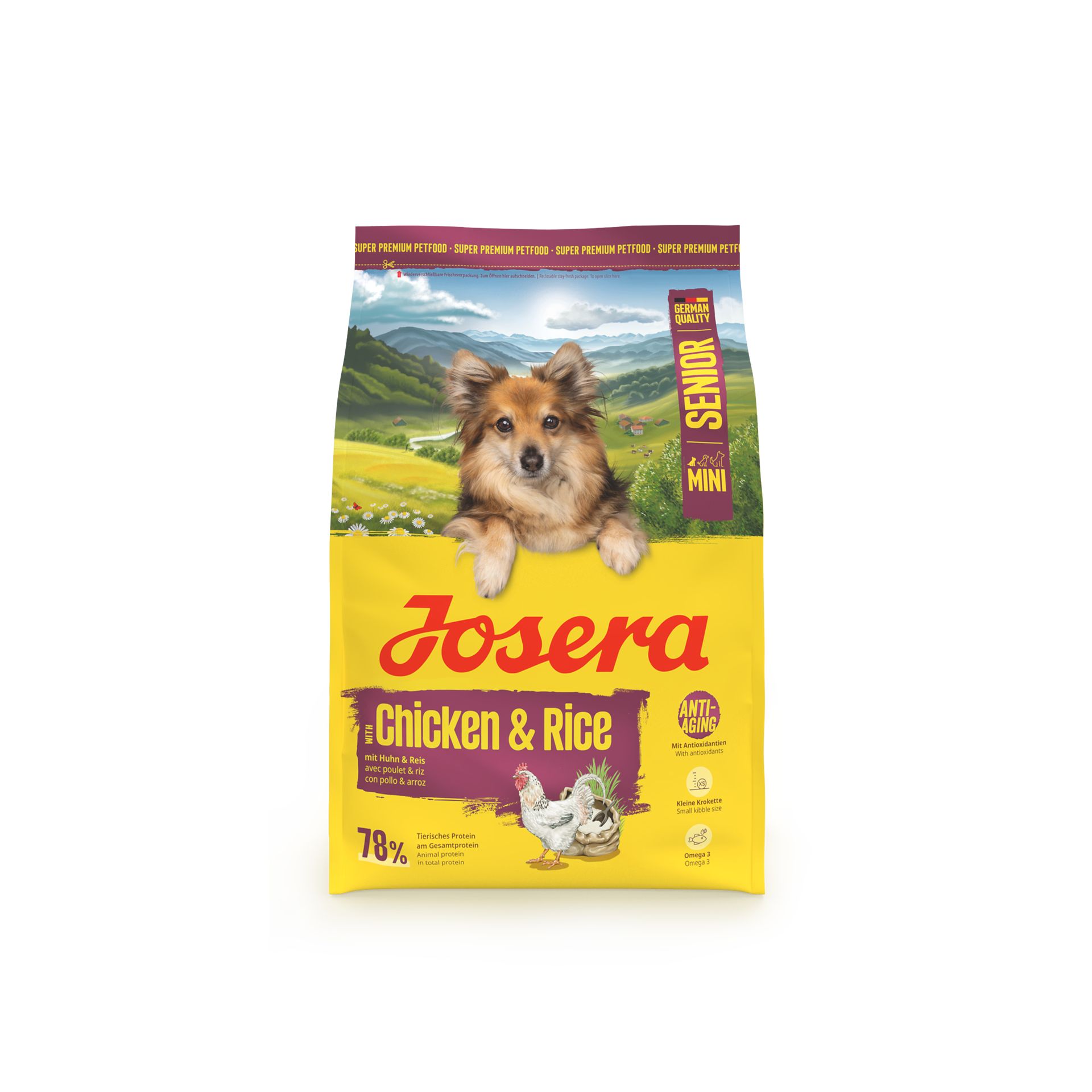 Josera Mini Senior Huhn & Reis Hundefutter-Sack mit Hund und Hühnern.