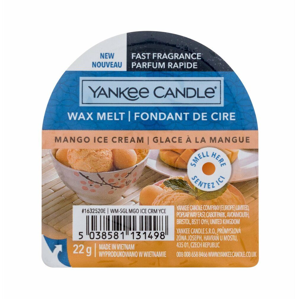 Yankee Candle Wax Melt Mango Ice Cream. Ovale Verpackung mit Produktbild. Text: "Fast Fragrance", "Wax Melt", "Mango Ice Cream".