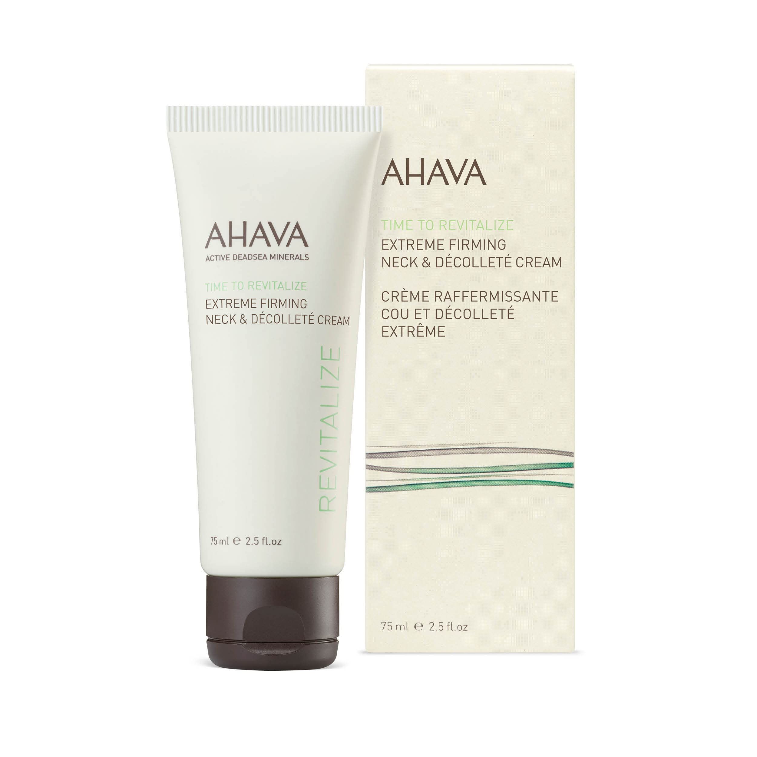 Produkt-Tube und Verpackung. Tube und Schachtel mit Produktnamen und -bezeichnung. Text: AHAVA, Time To Revitalize, Extreme Firming Neck & Décolleté Cream.