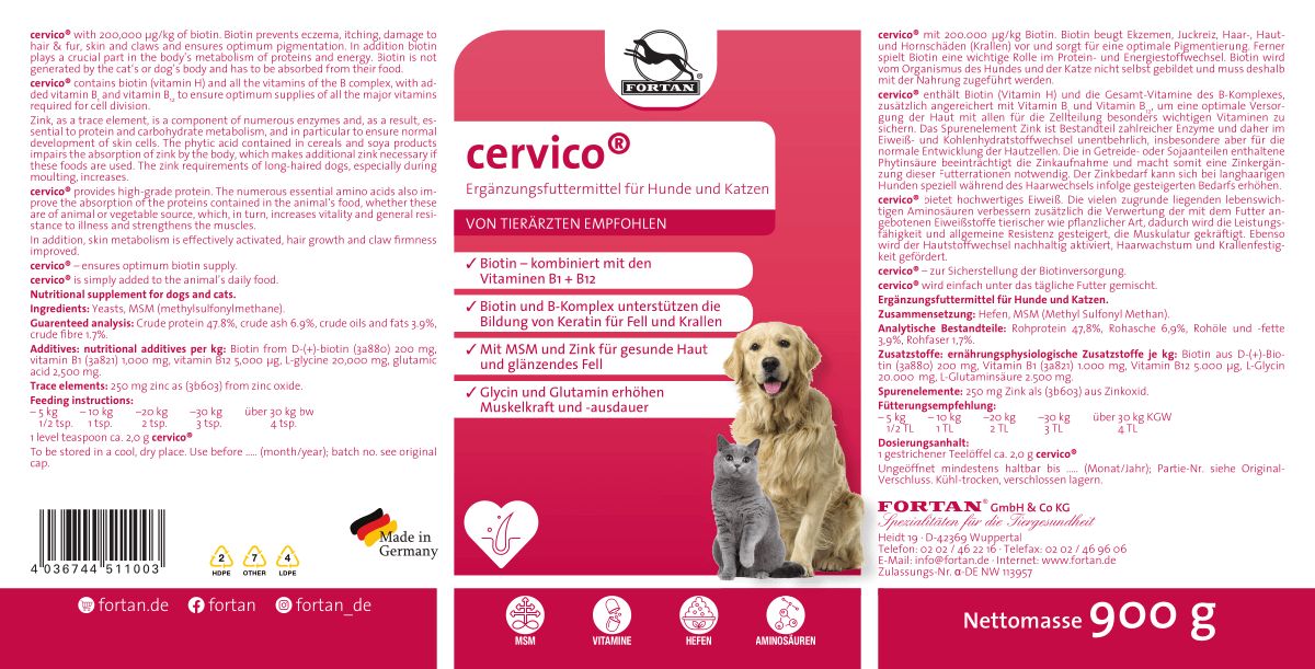 Produktetikett mit Text und Logo. Text: Cervico, Ergänzungsfuttermittel, Hunde- und Katzenabbildung, Nettomasse 900 g.