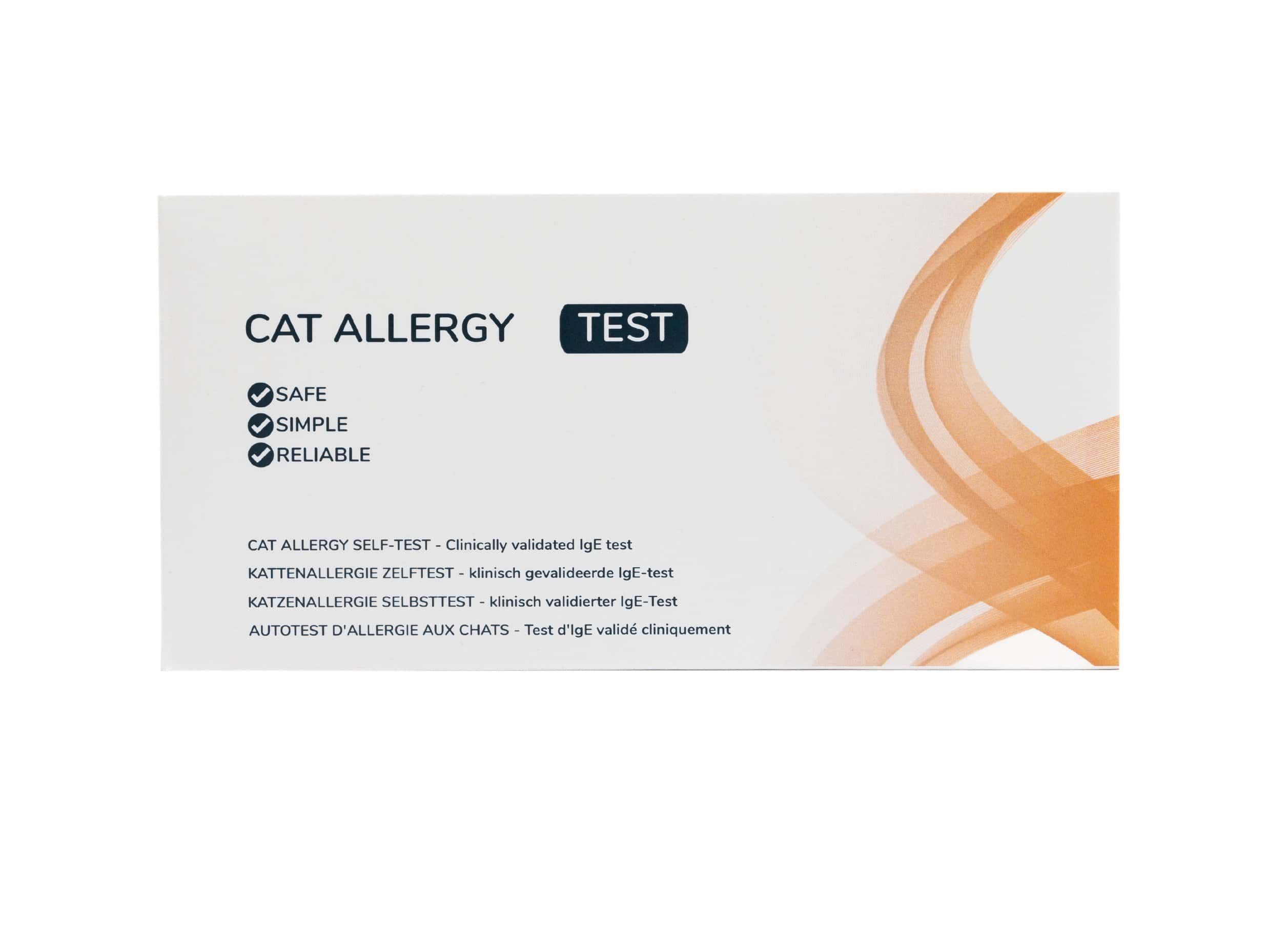Verpackung eines Katzenallergie-Tests mit den Aufschriften 'CAT ALLERGY TEST', 'SAFE', 'SIMPLE', 'RELIABLE'.