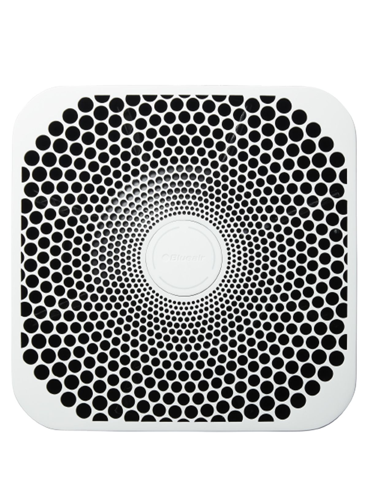 Weißes Gitter mit kreisförmigem Muster. Zentrales rundes Element mit Schriftzug. Quadratische Form mit abgerundeten Ecken.