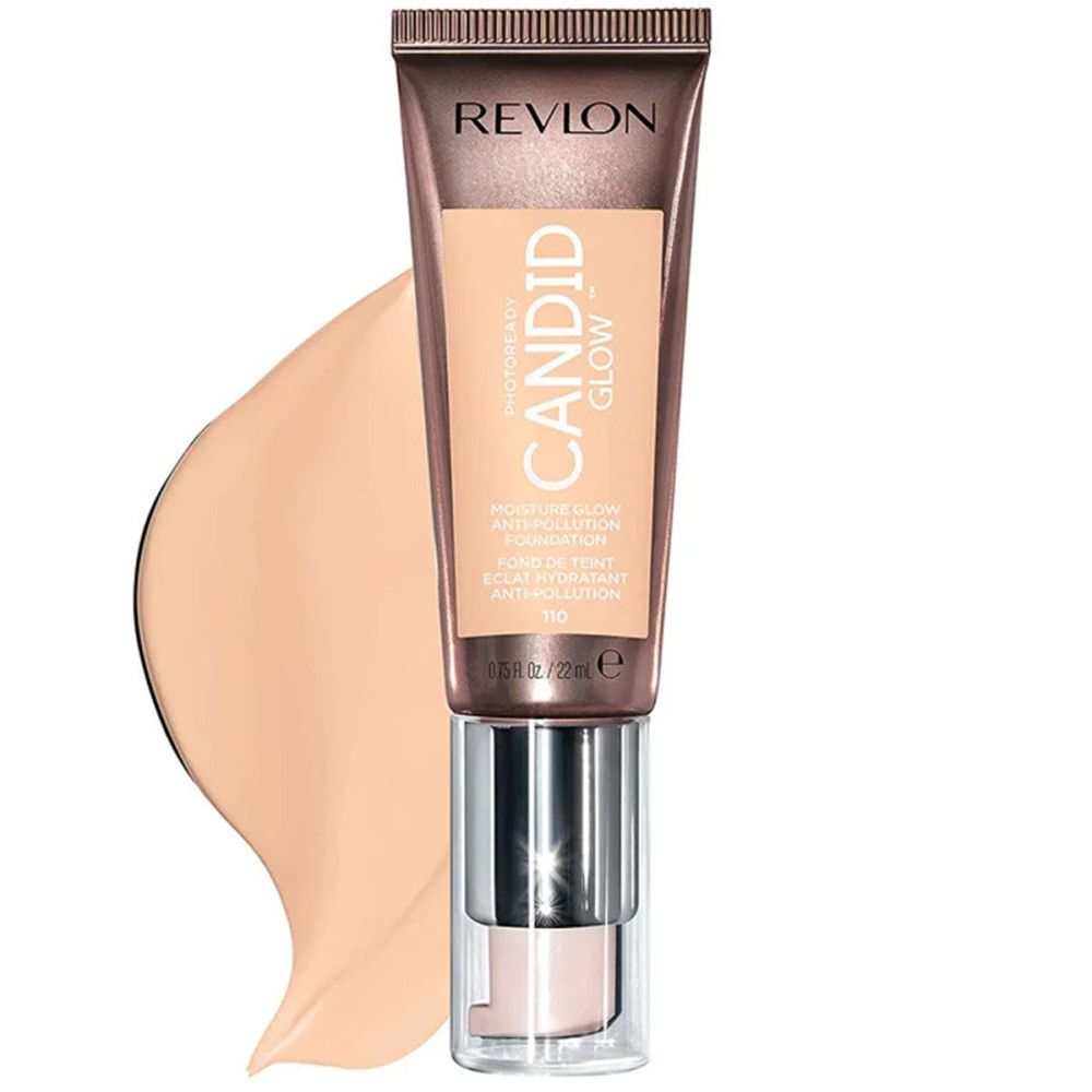 Beige Foundation-Tube mit silbernem Deckel und Farbmuster. Aufschrift: Revlon, PhotoReady Candid Glow. Text in Englisch und Französisch.
