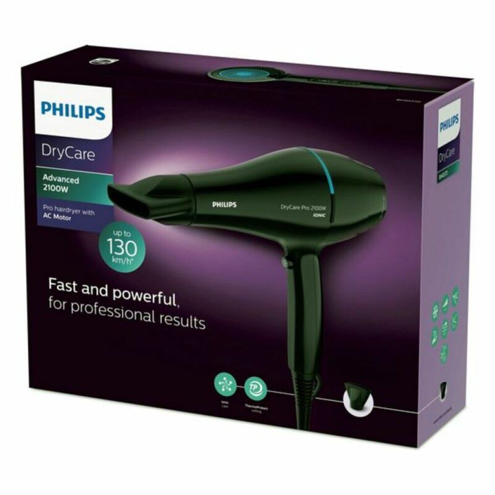 Verpackung des Philips DryCare Haartrockners. Schwarzer Haartrockner auf lila Hintergrund. Text: 'Fast and powerful'.