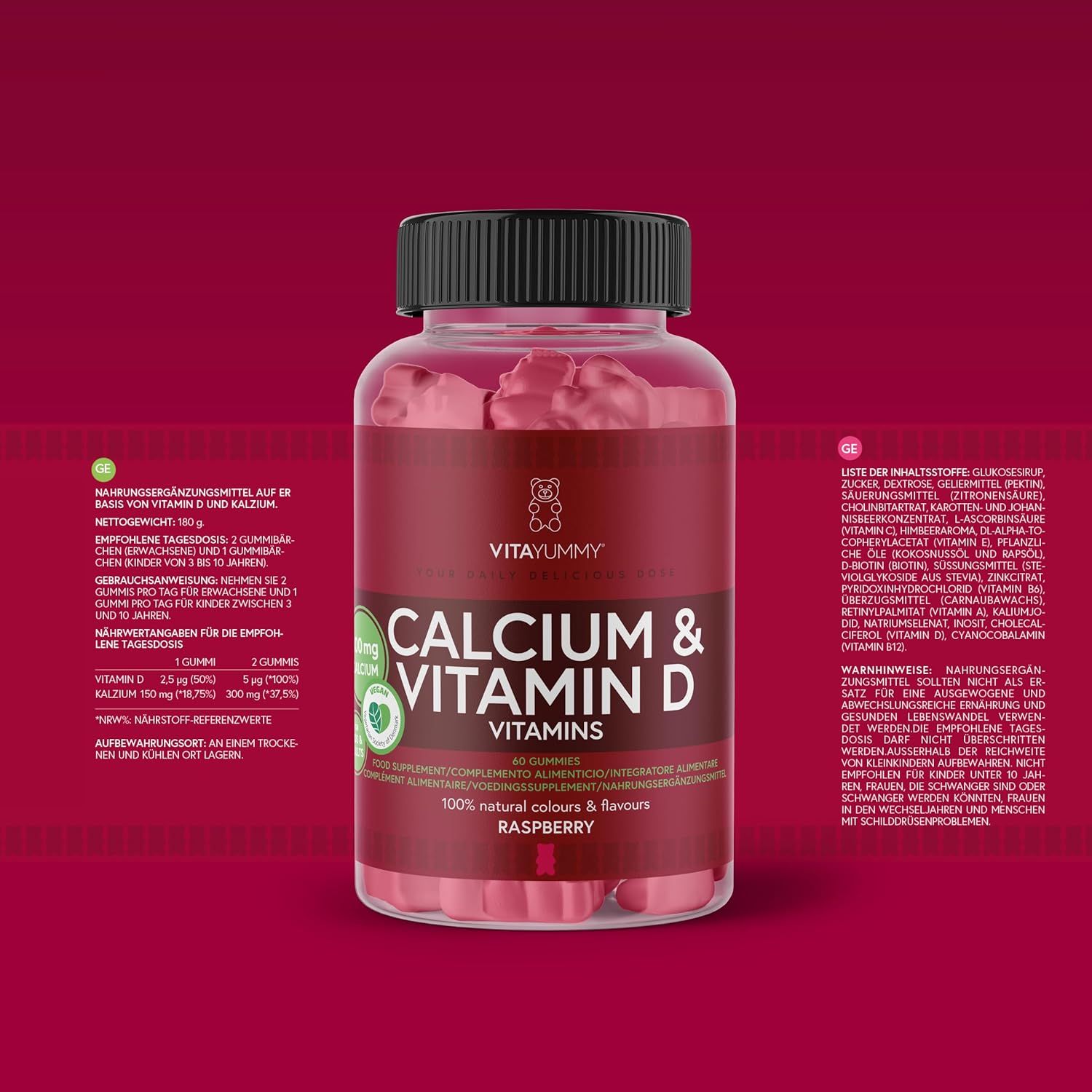 Flasche VITAYUMMY Calcium & Vitamin D3. Text: 60 Gummis, Himbeergeschmack. Nährwertangaben und Inhaltsstoffe.