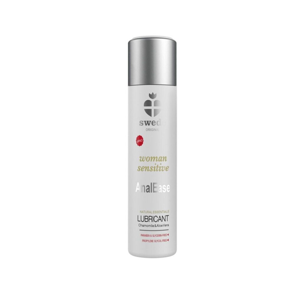 Weißes Fläschchen mit silbernem Deckel. Aufschrift: woman sensitive AnalEase. Produktname: Lubricant.