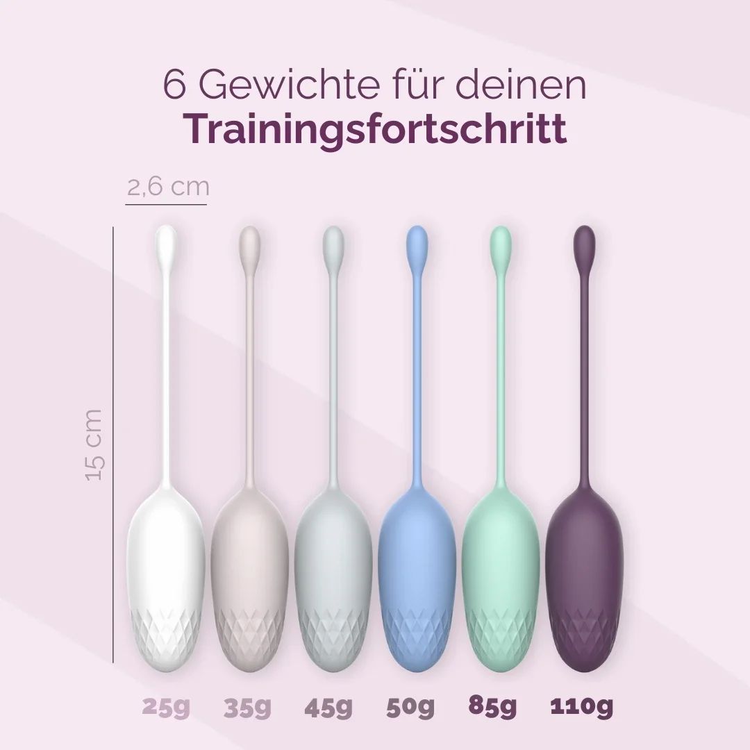 Sechs farbige Vaginalkugeln mit Stiel. Jede Kugel hat ein anderes Gewicht, von 25g bis 110g. Die Abmessungen sind 15 cm x 2,6 cm.