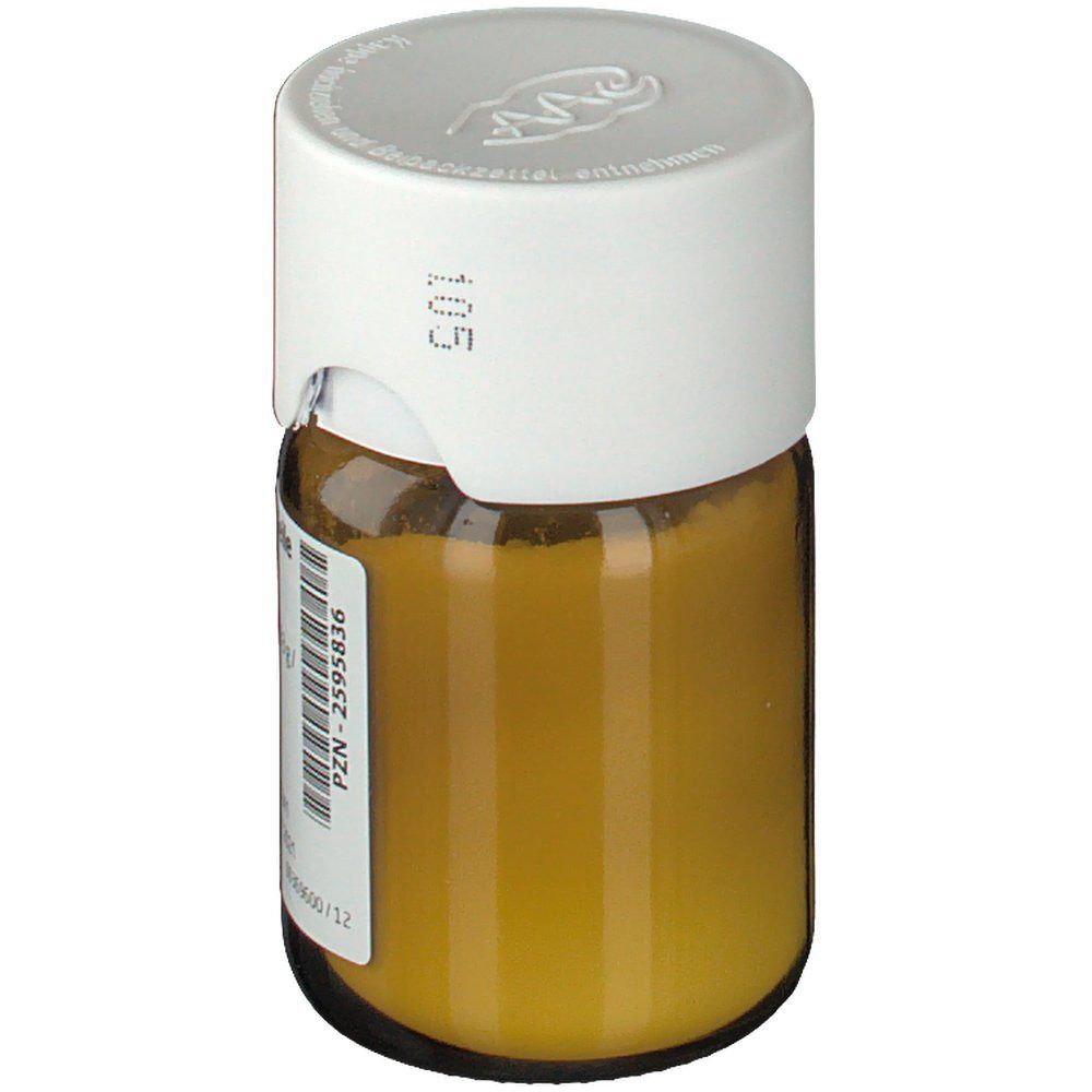 Braune Glasflasche mit weißem Deckel. Inhalt: gelbes Pulver. Etikett mit PZN-Nummer.