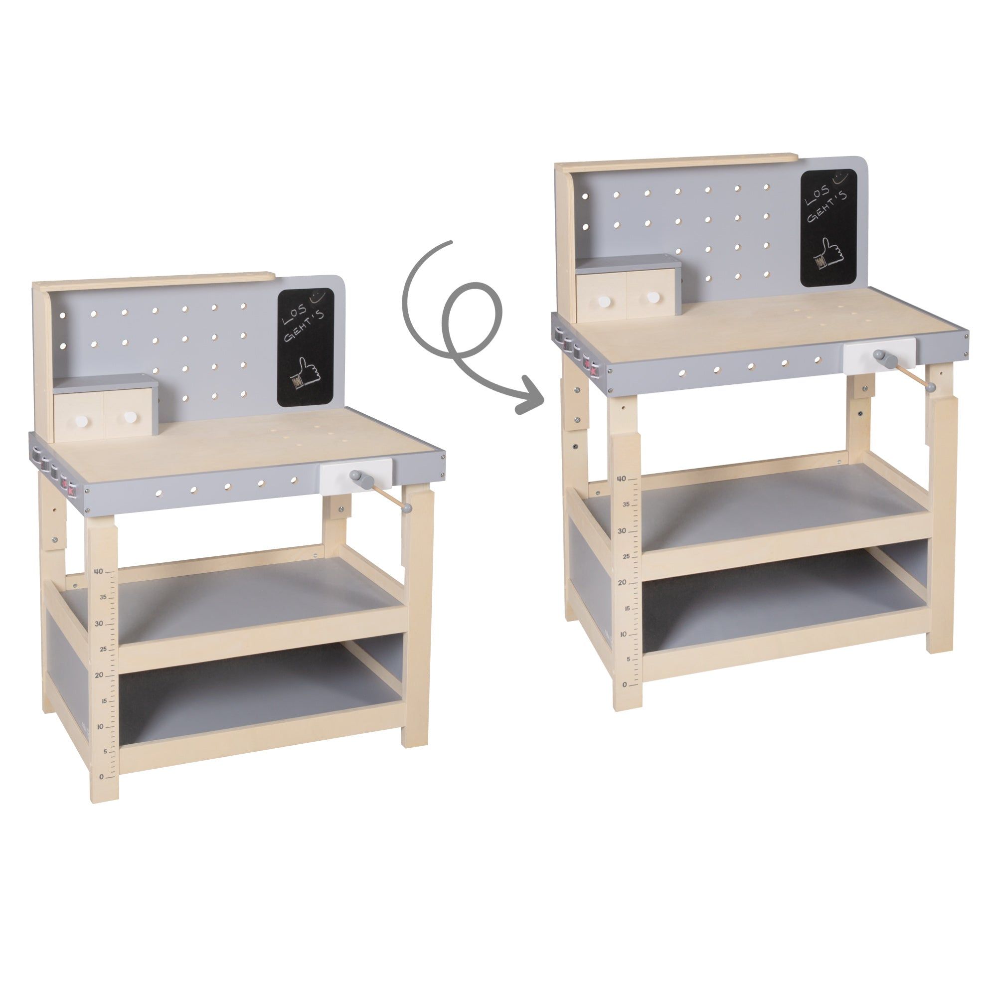 Werkbank aus Holz. Graue und helle Holzelemente. Mit Tafel und Lochwand. Verstellbare Höhe. Zwei Regale.