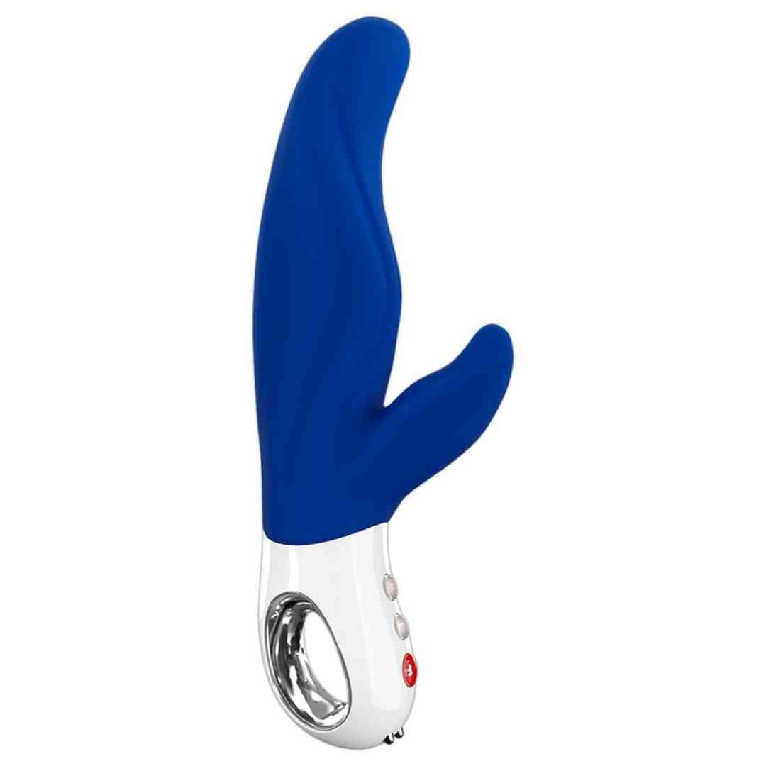 Blauer Vibrator mit weißem Griff und drei Knöpfen. Ringförmige Öffnung am Griff. Gebogene Form.