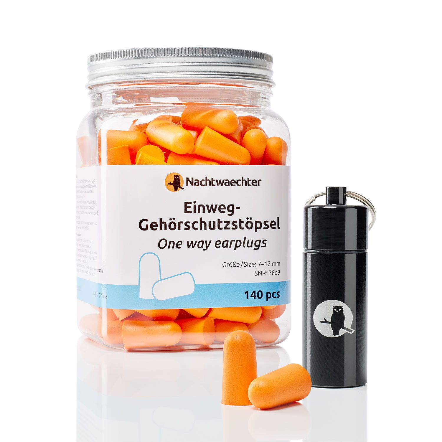 Ohrstöpsel in Glas und schwarzem Reisebehälter. Orange Ohrstöpsel. Aufschrift: Nachtwaechter, Einweg-Gehörschutzstöpsel, 140 Stück.